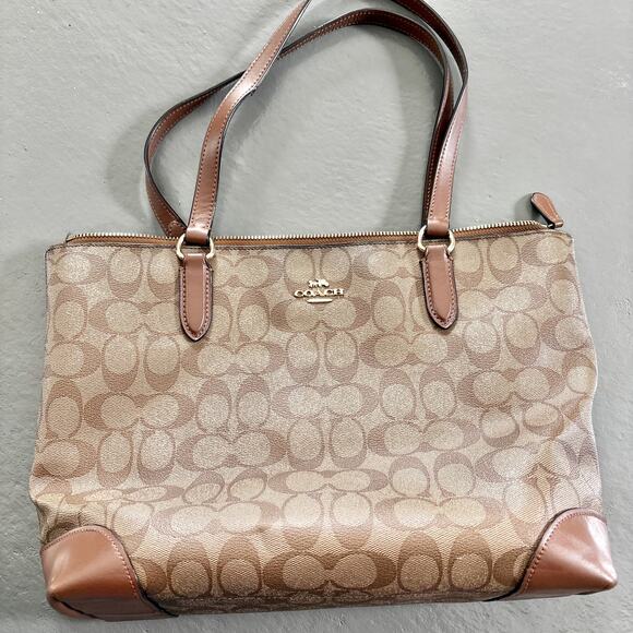Coach Signature Canvas Zip Top Tote Bag F29208 Tan Gold Hardware - Preowned - Picture 4 of 16
